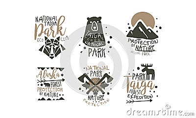 Alaska National Park Promo Signs Series With Wilderness Elements Silhouettess Vector Illustration