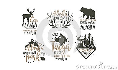 Alaska National Park Promo Signs Series With Wilderness Elements Silhouettess Vector Illustration