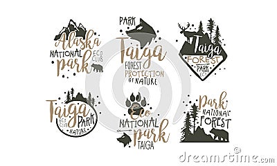 Alaska National Park Promo Signs Series With Wilderness Elements Silhouettess Vector Illustration