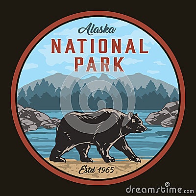 Alaska national park round colorful label Vector Illustration