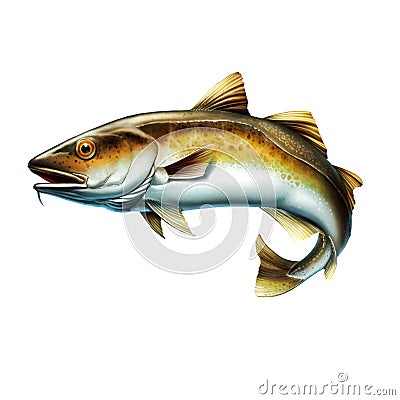 Alaska Pollock, Mintai fish jumping out of water illustration isolate realistic. Cartoon Illustration