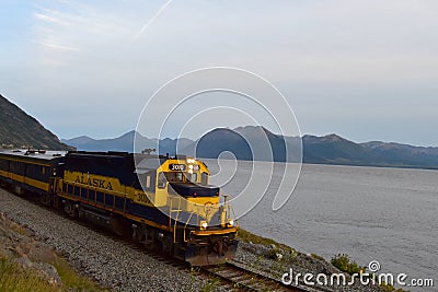 Alaska Railroad train along the Turnagain Arm Editorial Stock Photo