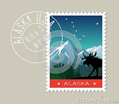 Alaska scenic mountain landscape with moose Vector Illustration