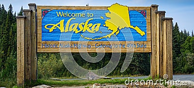 Alaska Welcome Road Sign on the Alcan Stock Photo