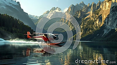 Alaskan Float plane aircraft at rest in lake with forest behind Stock Photo