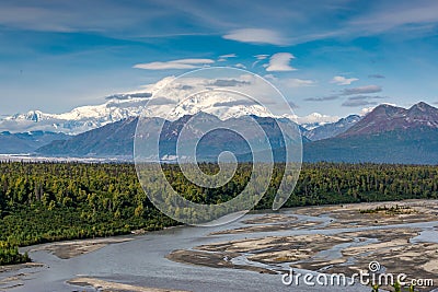 Alaskan landscape with river, forest and Mount Denali Stock Photo