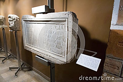 Marble slab with a Roman inscription Editorial Stock Photo