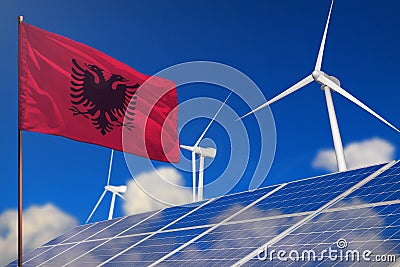 Albania renewable energy, wind and solar energy concept with windmills and solar panels - renewable energy - industrial Cartoon Illustration