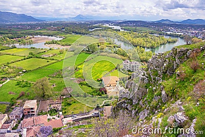 Albania, Shkoder. Beautiful view of Buna Bojana river and riverside on sunny spring day Stock Photo