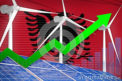 Albania solar and wind energy rising chart, arrow up - alternative natural energy industrial illustration. 3D Illustration Cartoon Illustration