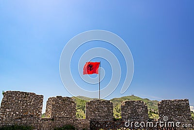 Albanian Flag in Rozafa Castle Stock Photo