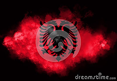 Albanian flag performed from color smoke on the black background. Abstract symbol Stock Photo