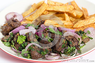 Albanian liver with fries closeup Stock Photo