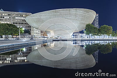Albany, New York - Oct 15, 2019: Night View The Egg, a Performing Arts Venue. It was Designed by Harrison & Abramovitz as Part of Editorial Stock Photo