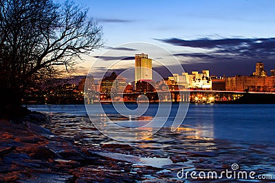 Albany NY view from the Rennsaeler boat dock on an icy night Stock Photo
