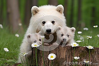 Albino polar bears in the forest. Mother bear with cubs with flowers. Stock Photo
