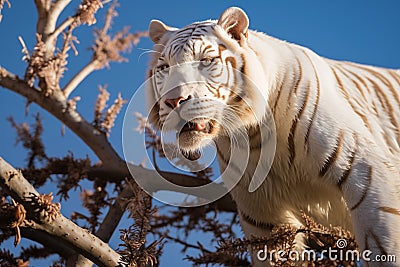 albino tiger on top of the tree seen from below and blue sky in the background - Wallpaper Stock Photo