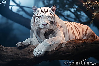 albino tiger on top of the tree seen from below and blue sky in the background - Wallpaper 2 Stock Photo