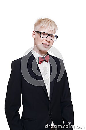 Albino young man portrait in eyeglasses and suit isolated. Stock Photo