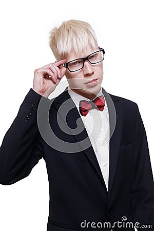 Albino young man portrait in eyeglasses and suit isolated. Stock Photo