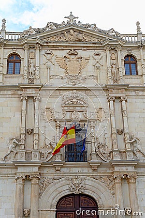 Alcala de Henares, Madrid, Spain, Octubre 16, 2022: Facade of the building of the College of Saint Ildefonso, seat of the Editorial Stock Photo