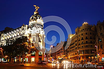 Alcala and Gran Via street in Madrid night city Editorial Stock Photo