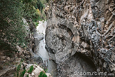 Alcantara Gorge and Alcantara river park in Sicily Island, Italy. Gole Alcantara Botanical and Geological Park Stock Photo