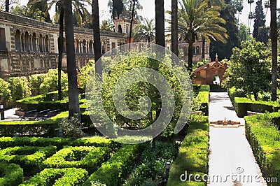 Alcazar Royal Gardens + Galeria de Grutescos, Seville, Andalucia, Spain Editorial Stock Photo