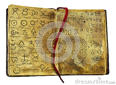 Alchemic book with mystic and fantasy symbols on shabby pages isolated Stock Photo