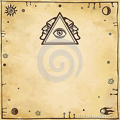 Alchemical drawing: all-seeing eye, profile of the person. Esoteric, mystic, occultism. Vector Illustration