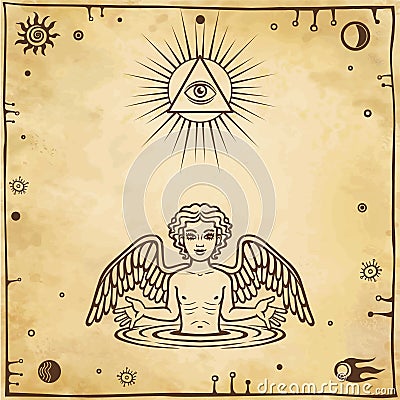 Alchemical drawing: little angel appears from water. Esoteric, mystic, occultism. Vector Illustration