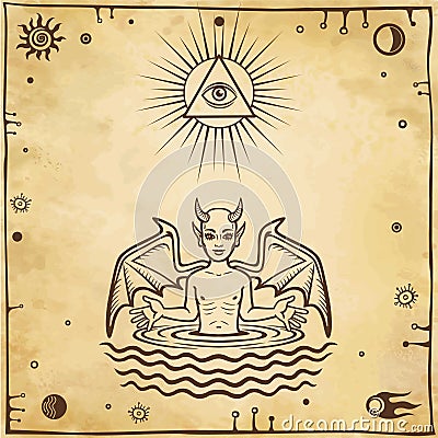 Alchemical drawing: the little demon is born from water. Esoteric, mystic, occultism. Vector Illustration