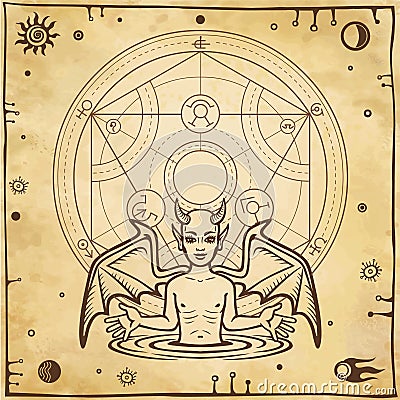 Alchemical drawing: little demon, circle of a homunculus. Esoteric, mystic, occultism. Vector Illustration