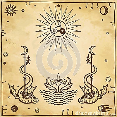 Alchemical drawing: winged snakes, all-seeing eye. Vector Illustration