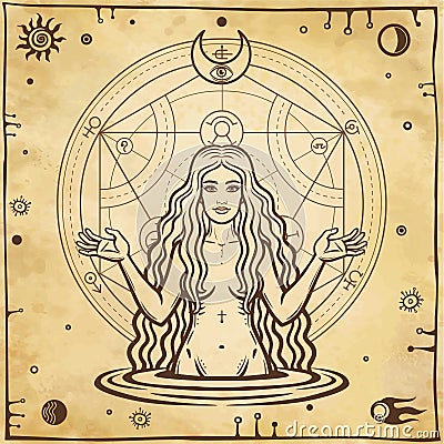 Alchemical drawing: young beautiful woman, Eve`s image, fertility, temptation. Vector Illustration