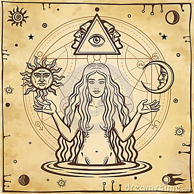 Alchemical drawing: young beautiful woman, Eve`s image, fertility, temptation. Vector Illustration