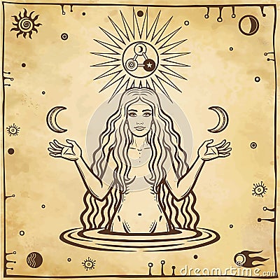 Alchemical drawing: young beautiful woman holds moons in hand. Vector Illustration