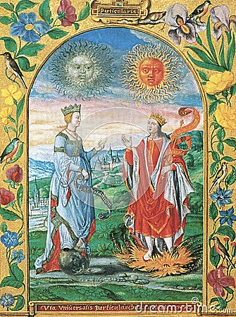 Alchemical hermetic illustration of the wedding between sun and moon by s.trismosin taken from the work splendor solis Cartoon Illustration