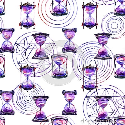Alchemical sand hourglass and transmutation circles pattern Stock Photo
