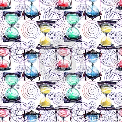 Watercolor Alchemical sand hourglass pattern Stock Photo