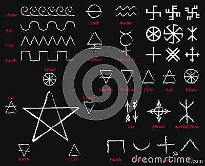 Alchemical Signs. Slavic amulets symbols. Solar symbols. Swastika. Thunderous sign. Kolovrat and Crosses. Mega Set. Vector illustr Vector Illustration