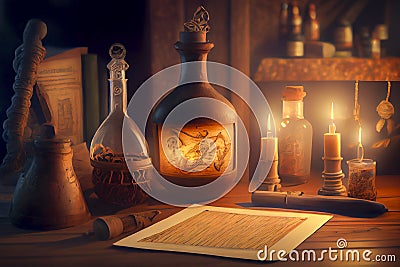 Alchemist worktable. Wizard laboratory with scientific flasks and scrolls, ai illustration Cartoon Illustration