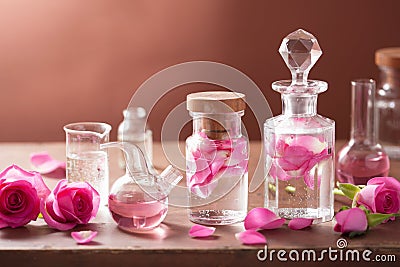 Alchemy and aromatherapy set with rose flowers and flasks Stock Photo