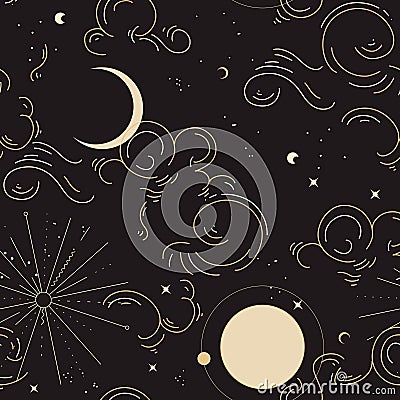 Alchemy background, gold esoteric design. Celestial mystical seamless pattern . Moon and sun symbol design Vector Illustration