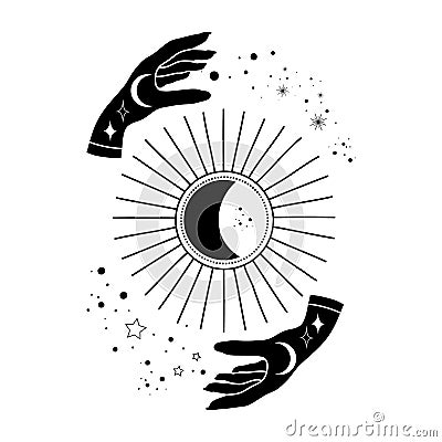 Alchemy esoteric mystical magic celestial talisman with hands sun, moon, stars Vector Illustration