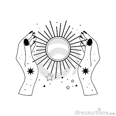 Alchemy esoteric mystical magic celestial talisman with hands sun, stars Vector Illustration