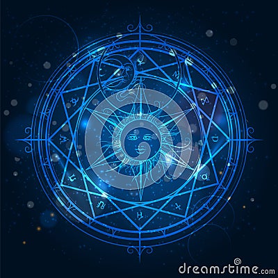 Alchemy magic circle on blue background Vector Illustration