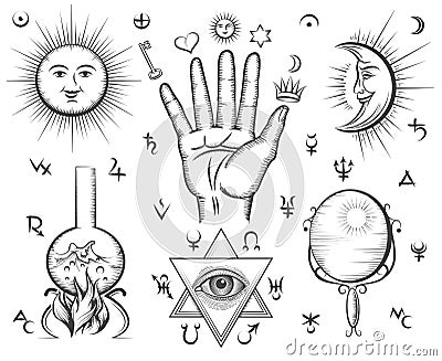 Alchemy, spirituality, occultism, chemistry, magic Vector Illustration