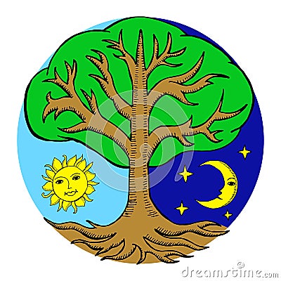 Alchemy tree with a sun and a moon from different sides of it. N Cartoon Illustration