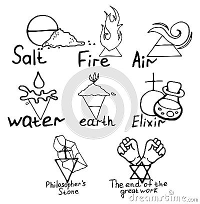 Alchemy vector icons. Eight elements. Filosovsky stone and salt, water and air, fire and earth with an elixir and the end of a Vector Illustration